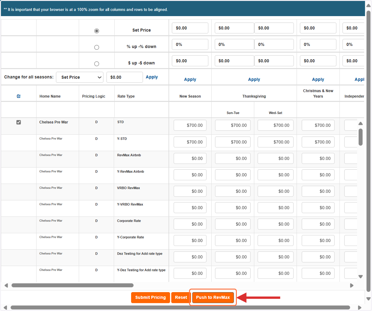In the Homes Pricing Tool window, click the "Push to RevMax" button to push the update to your RevMax system.