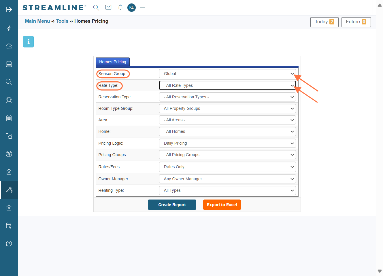 In the Homes Pricing Tool, filter the Season Group to which the updated season period belongs. If you have set different rate types, filter by those rate types. If you only have the Y-STD and STD rate types, you can leave this option as "All Rate Typ