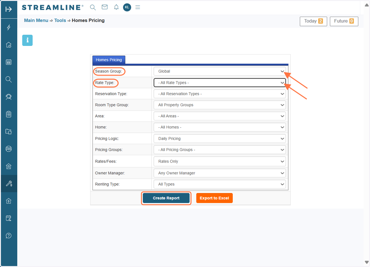 In the Homes Pricing Tool, filter the Season Group to which the updated season period belongs. If you have set different rate types, filter by those rate types. If you only have the Y-STD and STD rate types, you can leave this option as "All Rate Typ