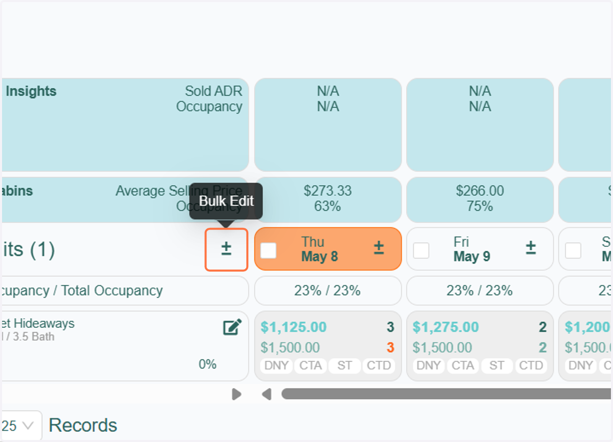You can also perform a bulk update using the Bulk Edit feature. To proceed, first filter the specific dates and units, then click on the Bulk Edit icon.