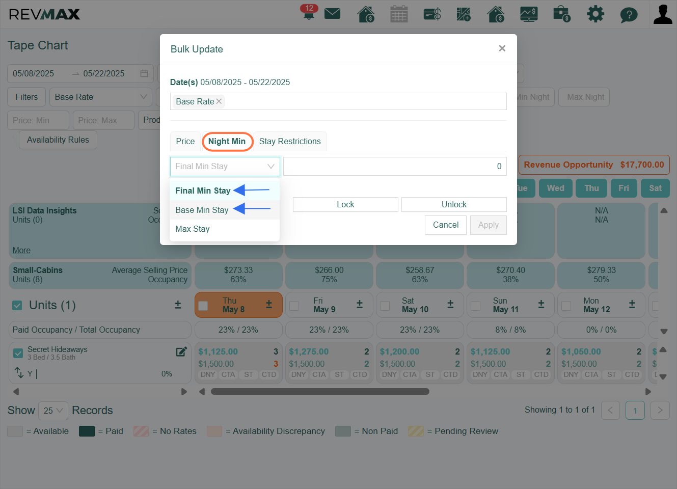 Click on the Night Min Tab. From there, you can choose which night minimum you would like to manually override, either the Final Min Stay (upper number) or the Base Min Stay (lower number).
