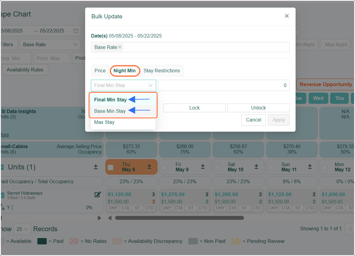 Click on the Night Min Tab. From there, you can choose which night minimum you would like to manually override, either the Final Min Stay (upper number) or the Base Min Stay (lower number).