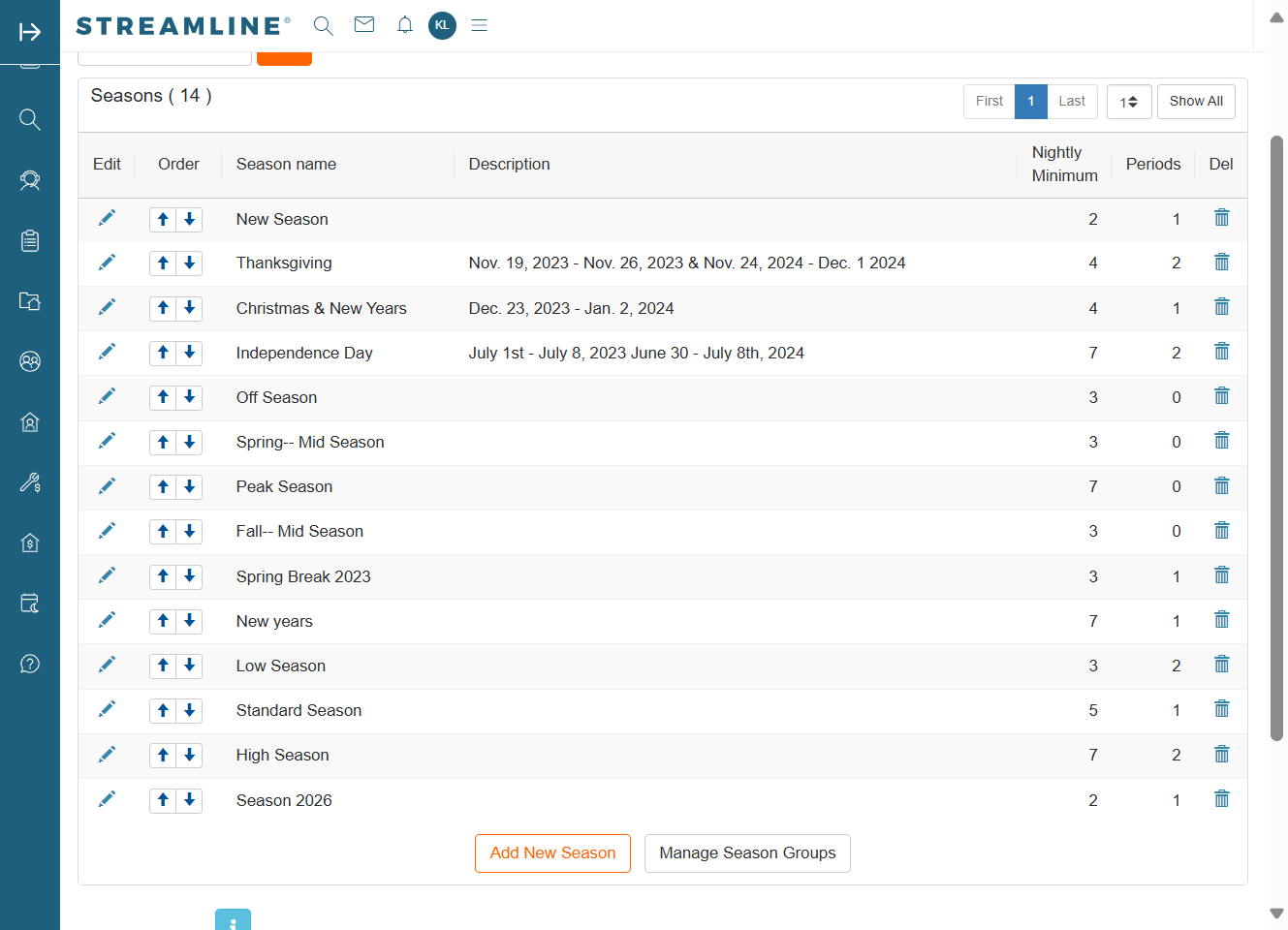 On your Home Seasons Page, you can set up the night minimum when creating new season periods. If you want to update the night minimum for an existing season period, click on the edit/pencil icon to access the season period settings.