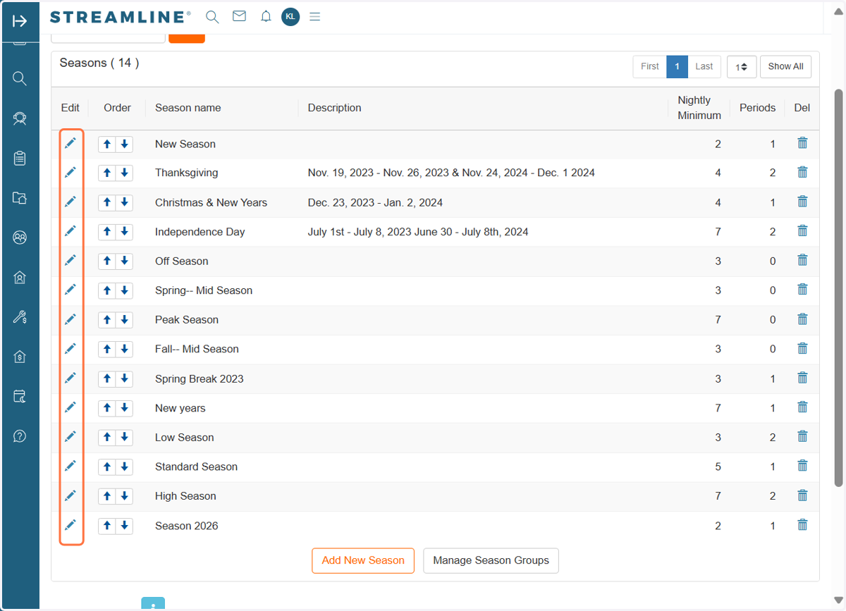 On your Home Seasons Page, you can set up the night minimum when creating new season periods. If you want to update the night minimum for an existing season period, click on the edit/pencil icon to access the season period settings.