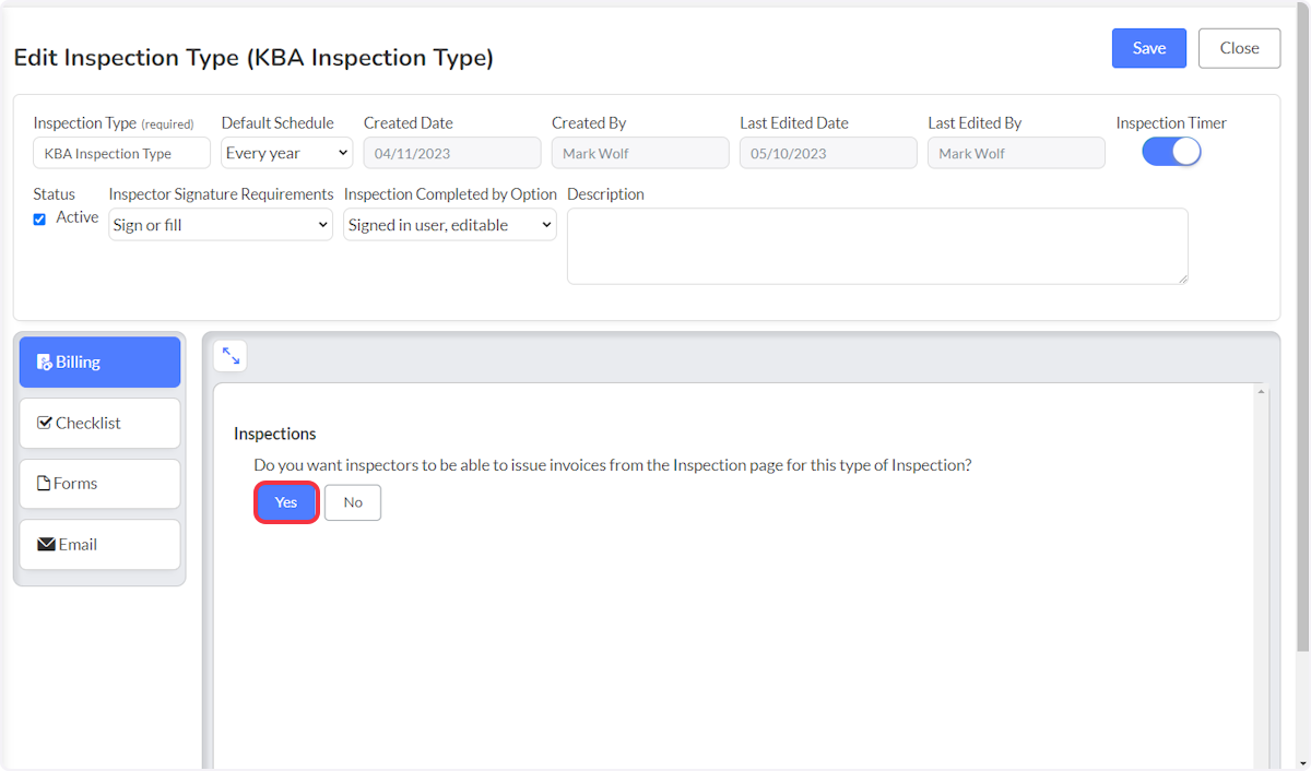 Click on Yes to allow Inspector's to issue an Invoice from within the Inspection Record.