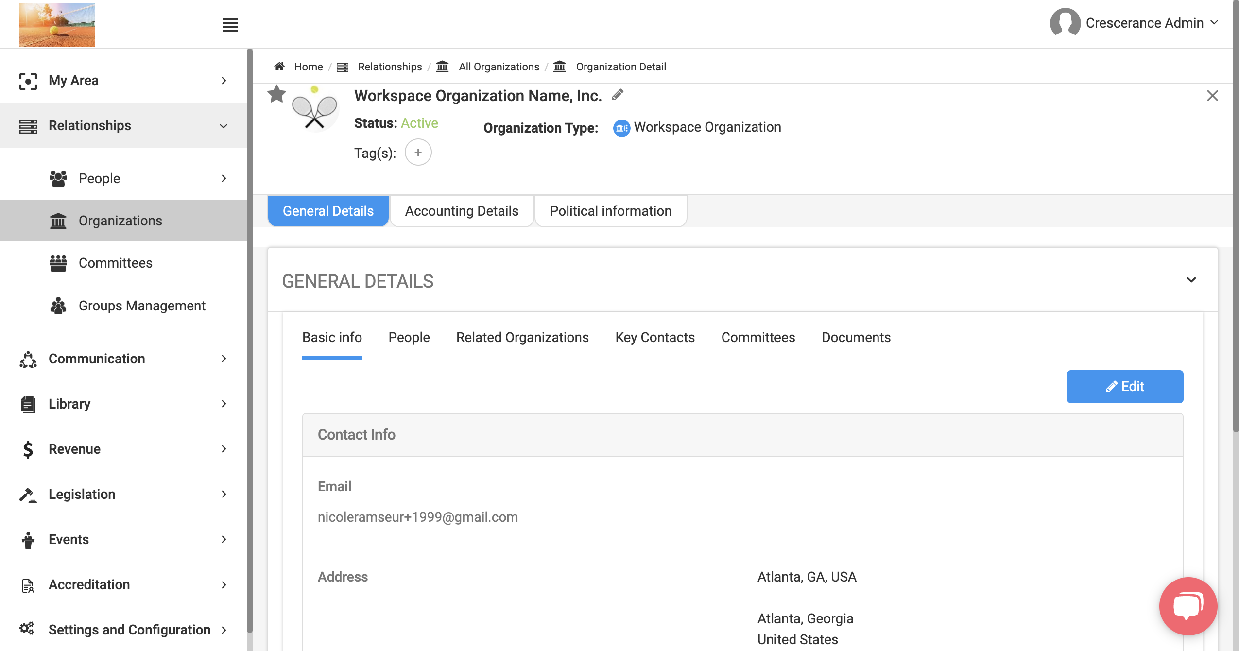 Click on the pencil icon next to the organization's name.