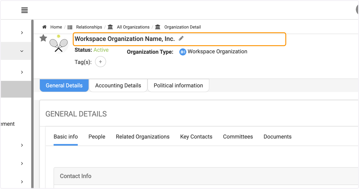 Click on the pencil icon next to the organization's name.
