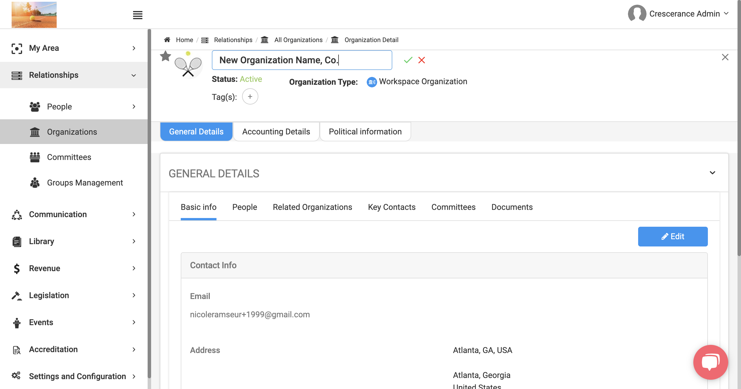 Input the new organization name and then click the green check mark to save changes.