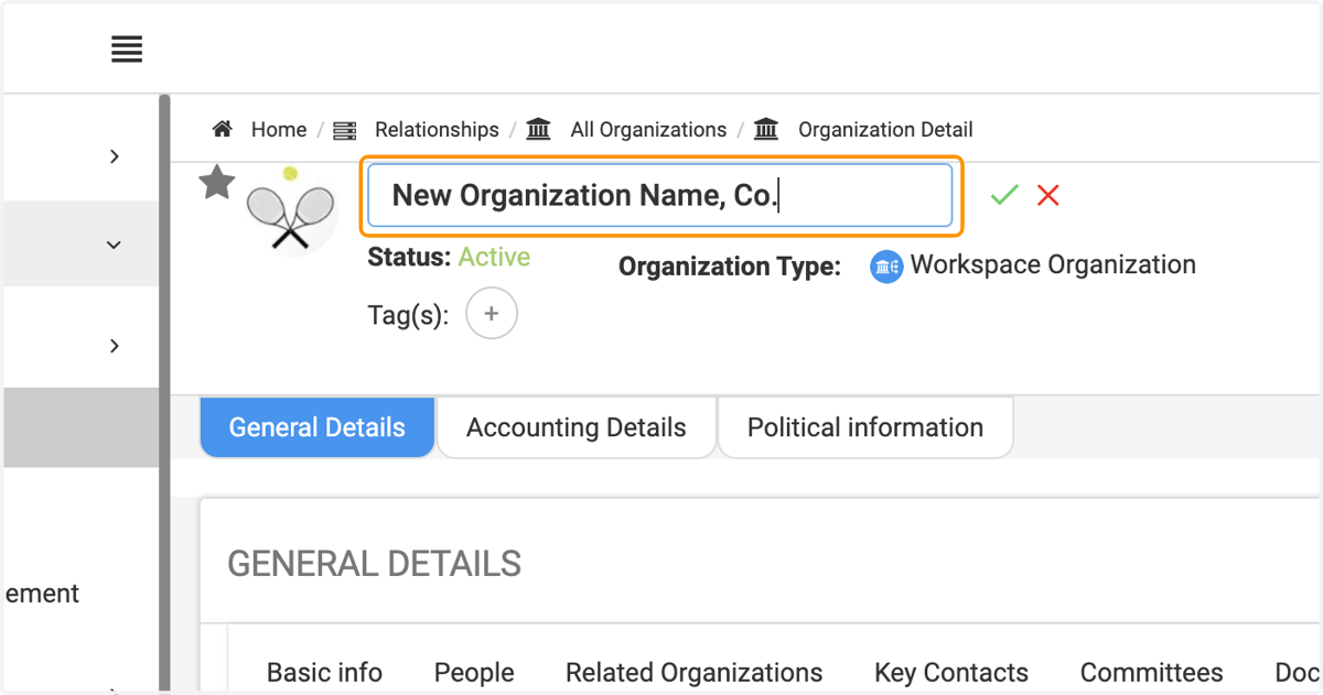 Input the new organization name and then click the green check mark to save changes.