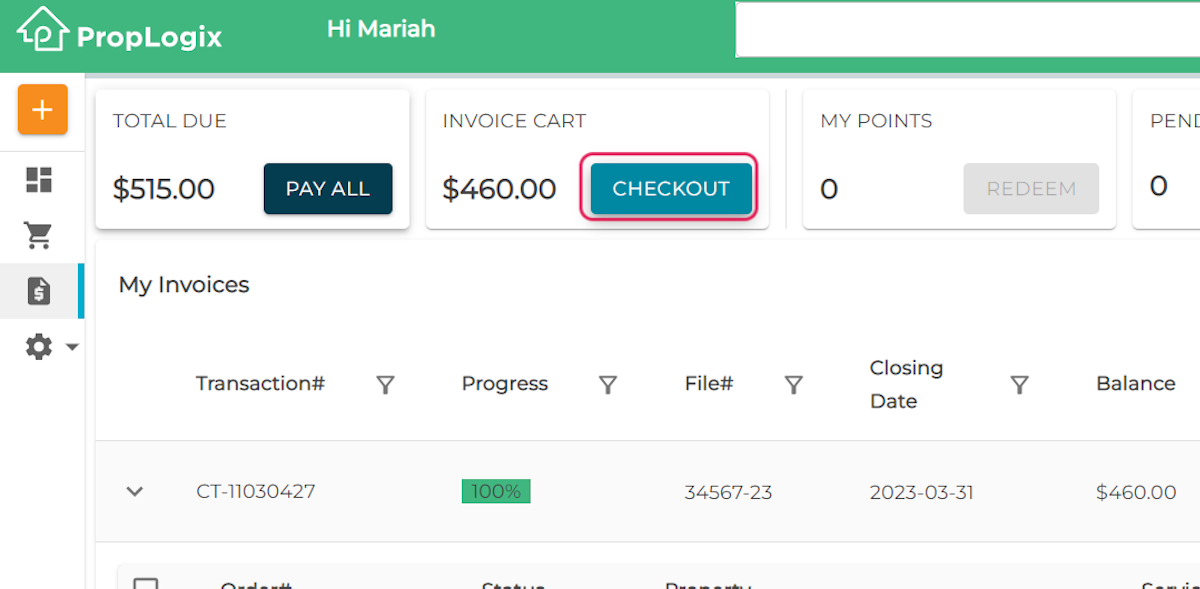 Click on CHECKOUT in the Invoice Cart box at the top of the screen