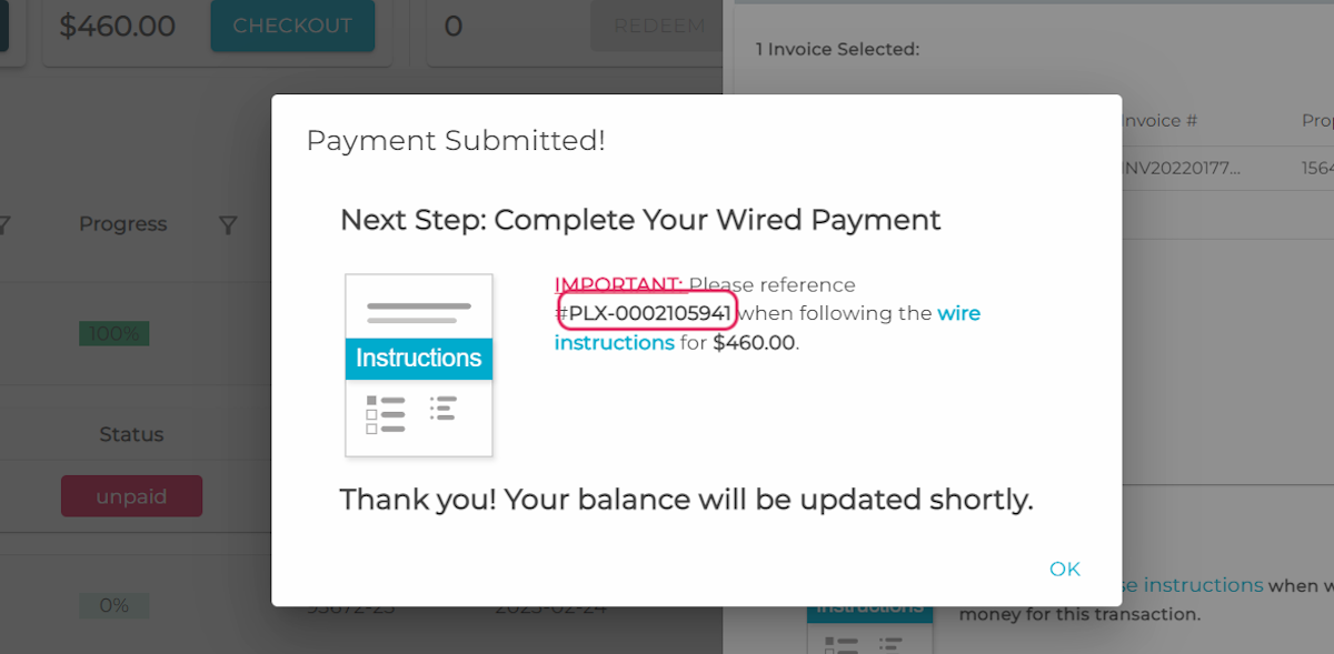IMPORTANT: Copy the reference number in the Payment Submitted dialog