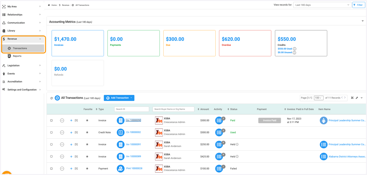 Click on Revenue and then Transactions