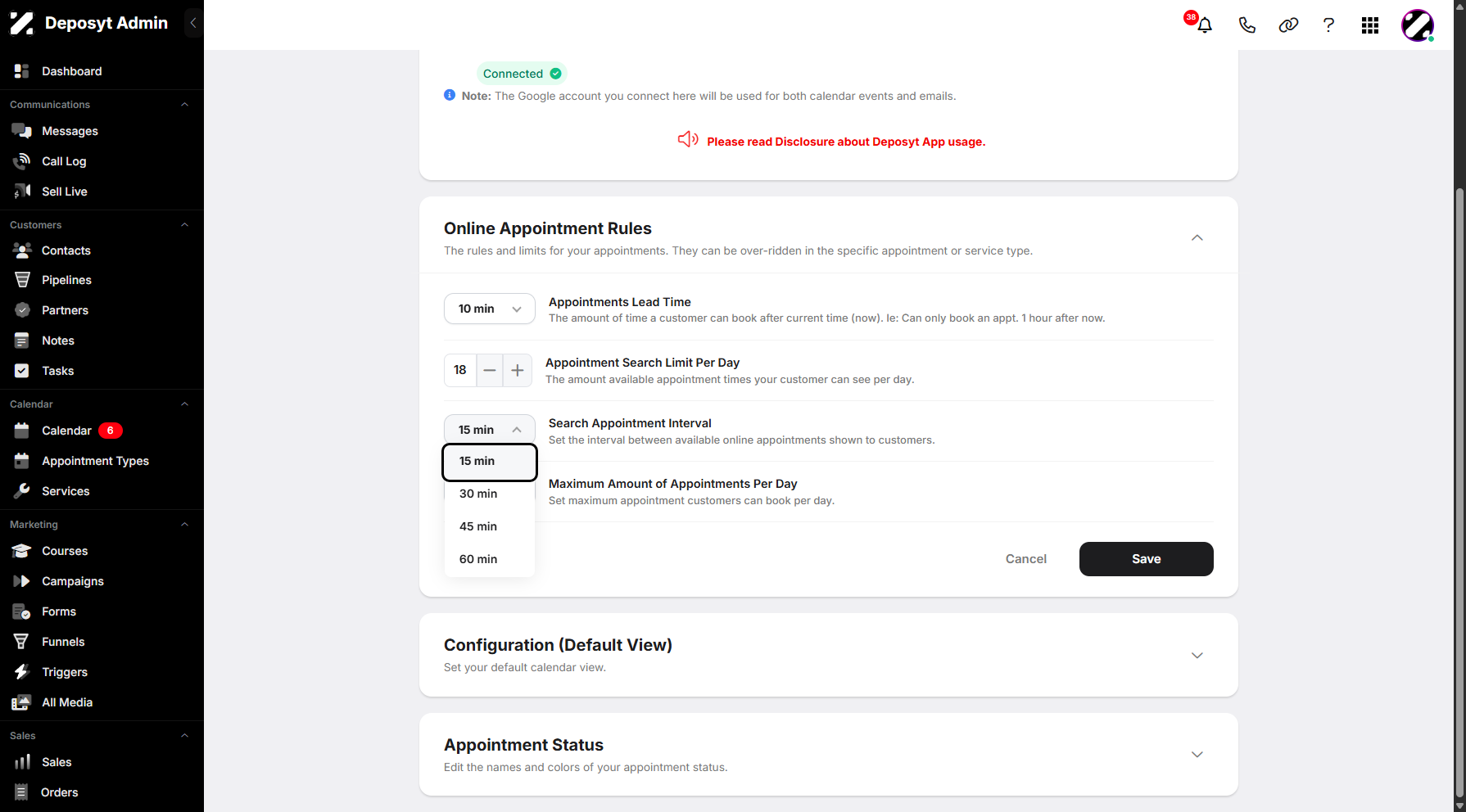 Step 9: Moving forward, the search appointment interval allows you to set the time from 15 minutes to 1 hour.