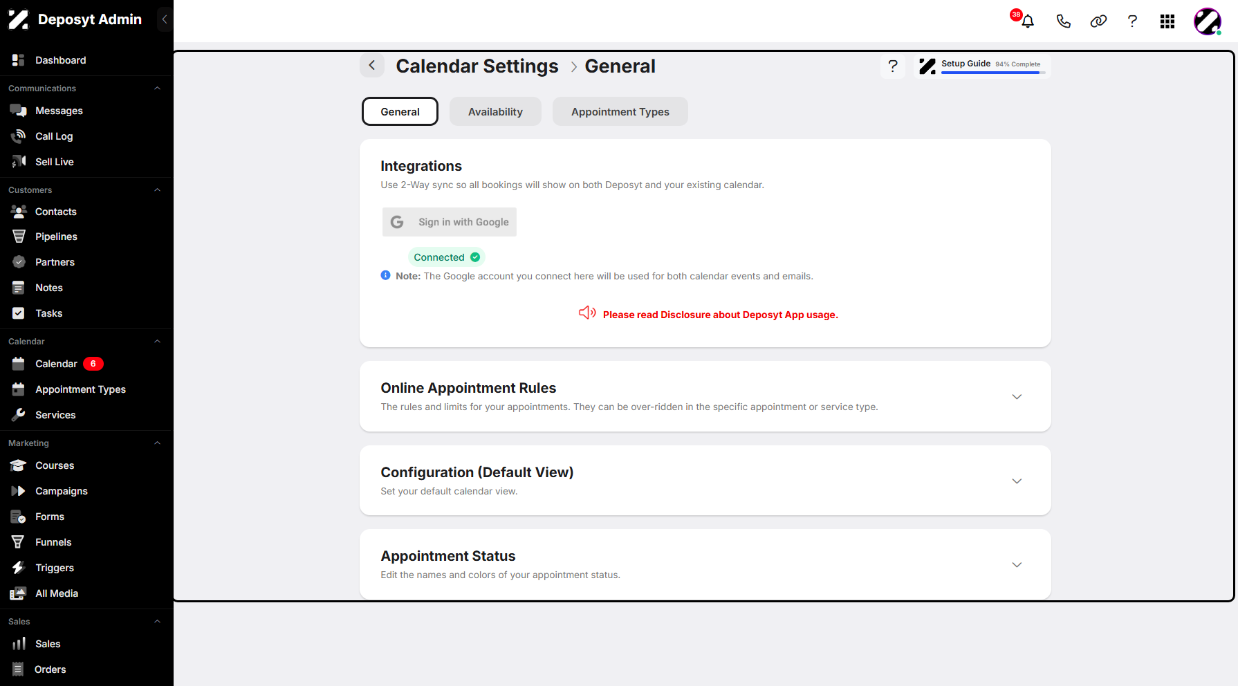 Step 4: You will be taken to the Calendar Settings.