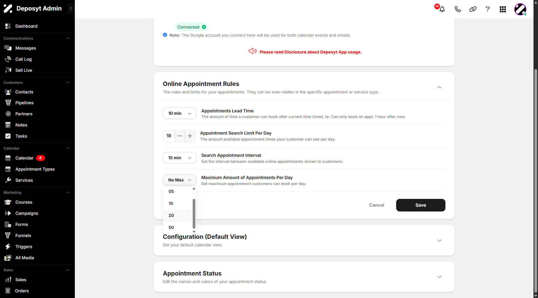 Step 10: Lastly, the maximum number of appointments per day. You can set it from no limit to 50.