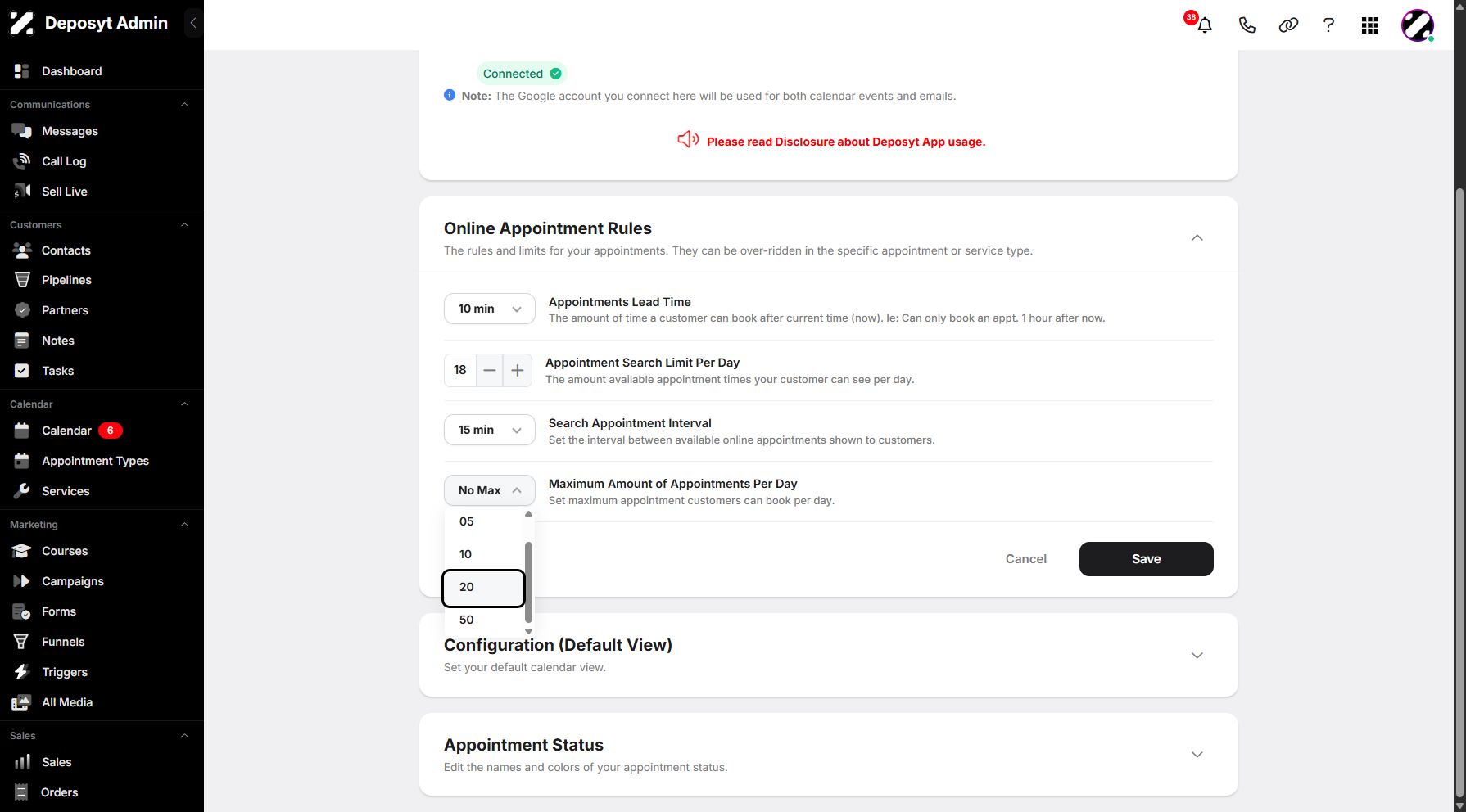 Step 10: Lastly, the maximum number of appointments per day. You can set it from no limit to 50.