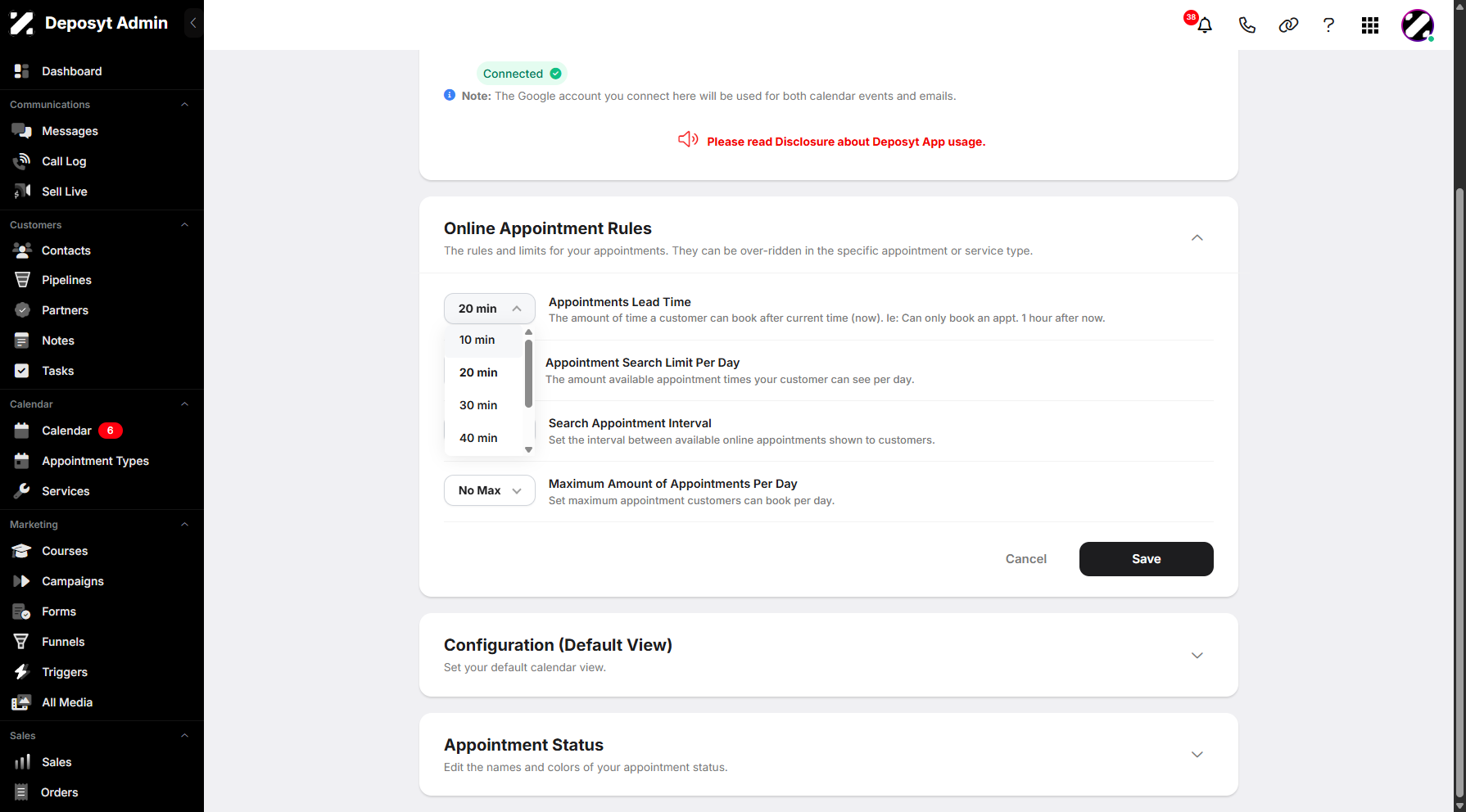 Step 7: You can set the appointment lead time from 10 minutes up to 1 hour.