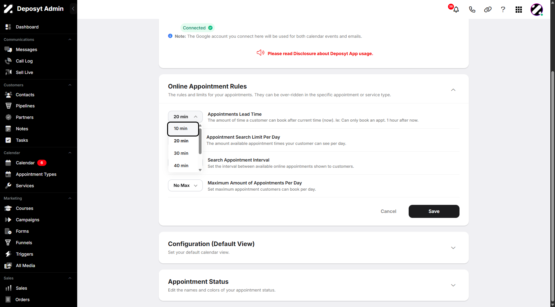 Step 7: You can set the appointment lead time from 10 minutes up to 1 hour.