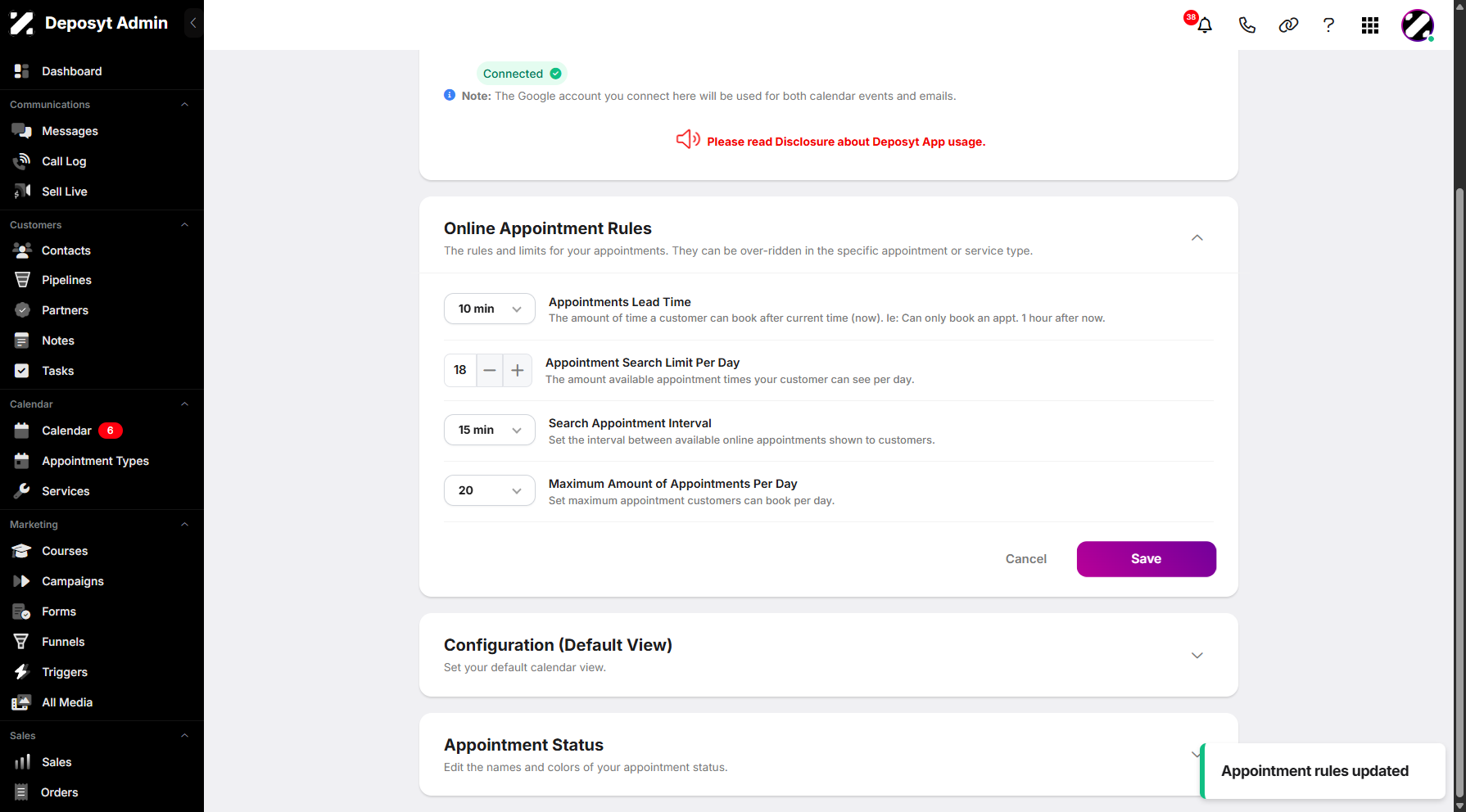 Step 12: A pop-up window will appear confirming that the appointment rules have been updated successfully.