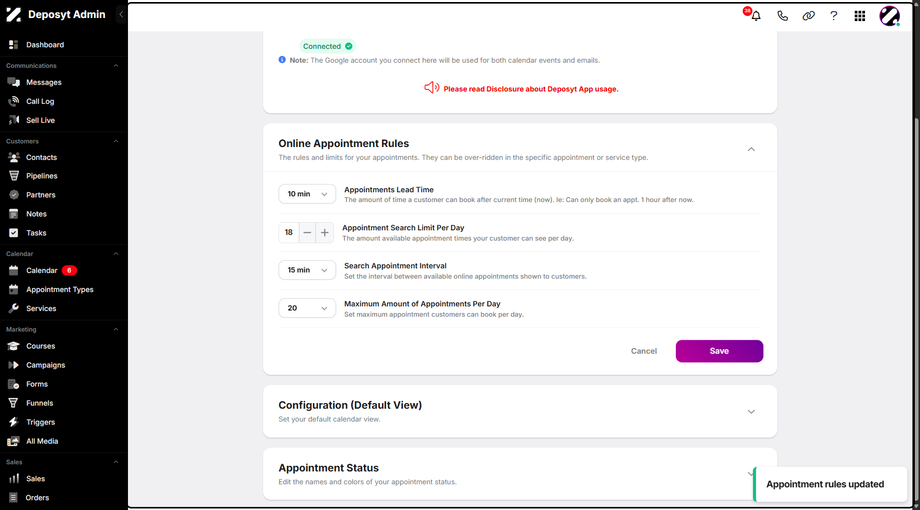 Step 12: A pop-up window will appear confirming that the appointment rules have been updated successfully.
