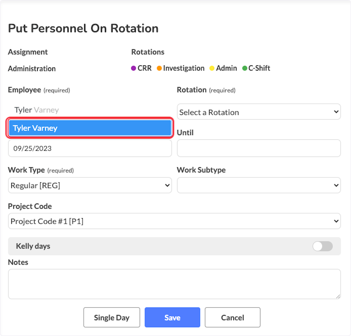 Type in the employees name that will be on a rotation. When they appear, select them from the list. 