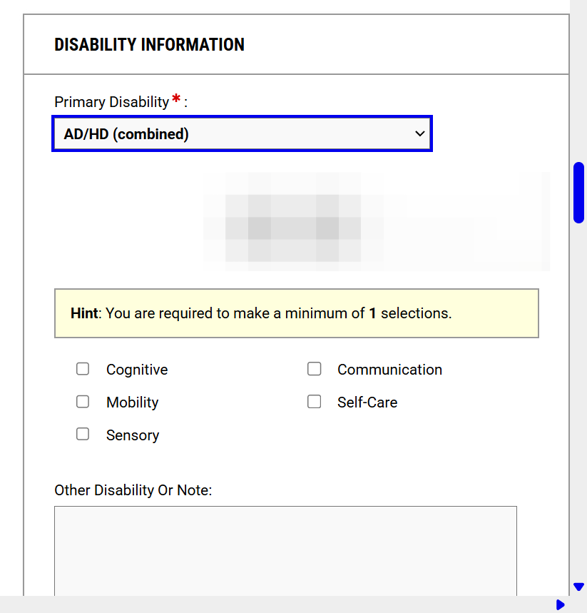 Select your primary disability from the inclusive list (grouped by type).
