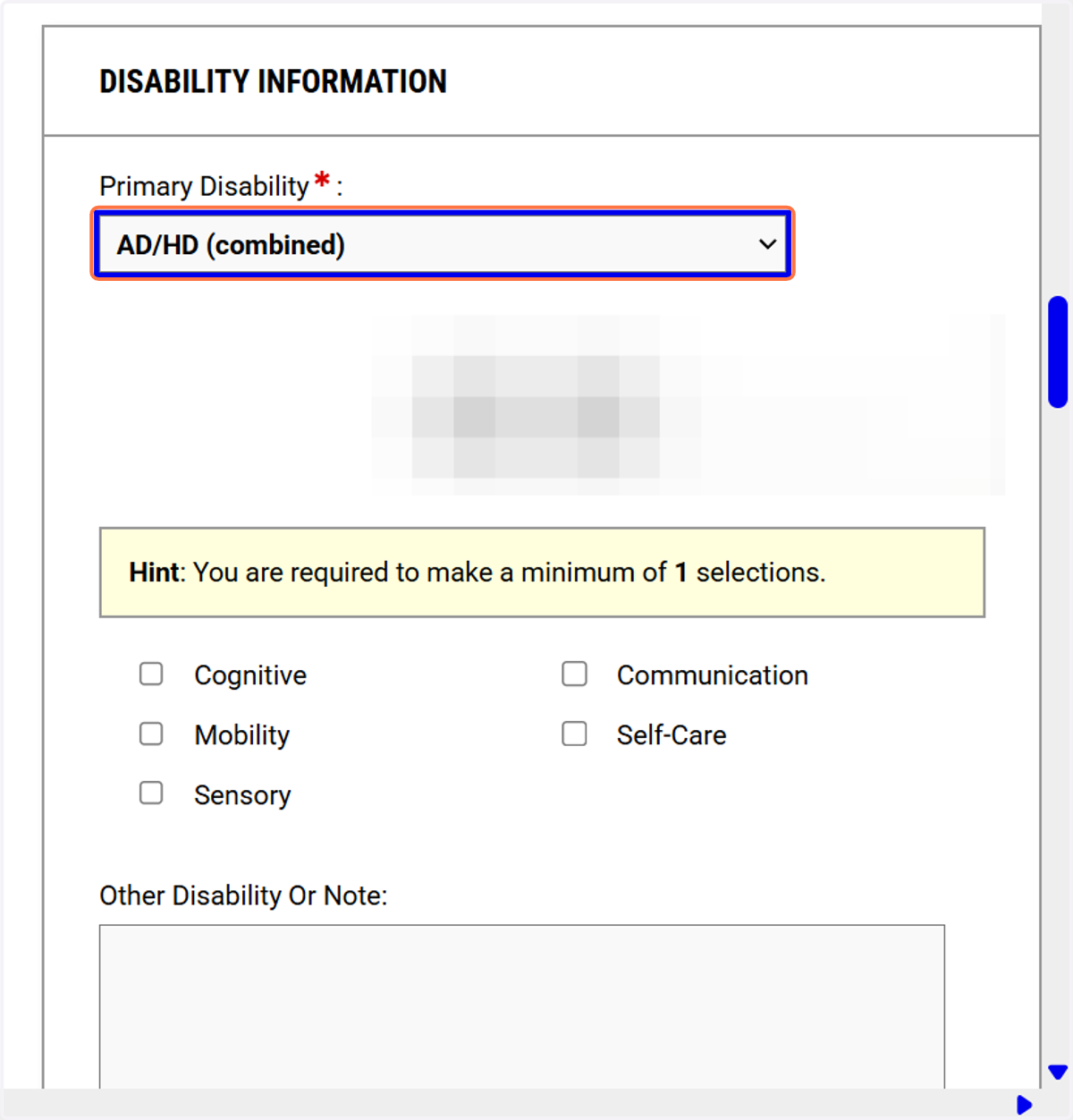 Select your primary disability from the inclusive list (grouped by type).