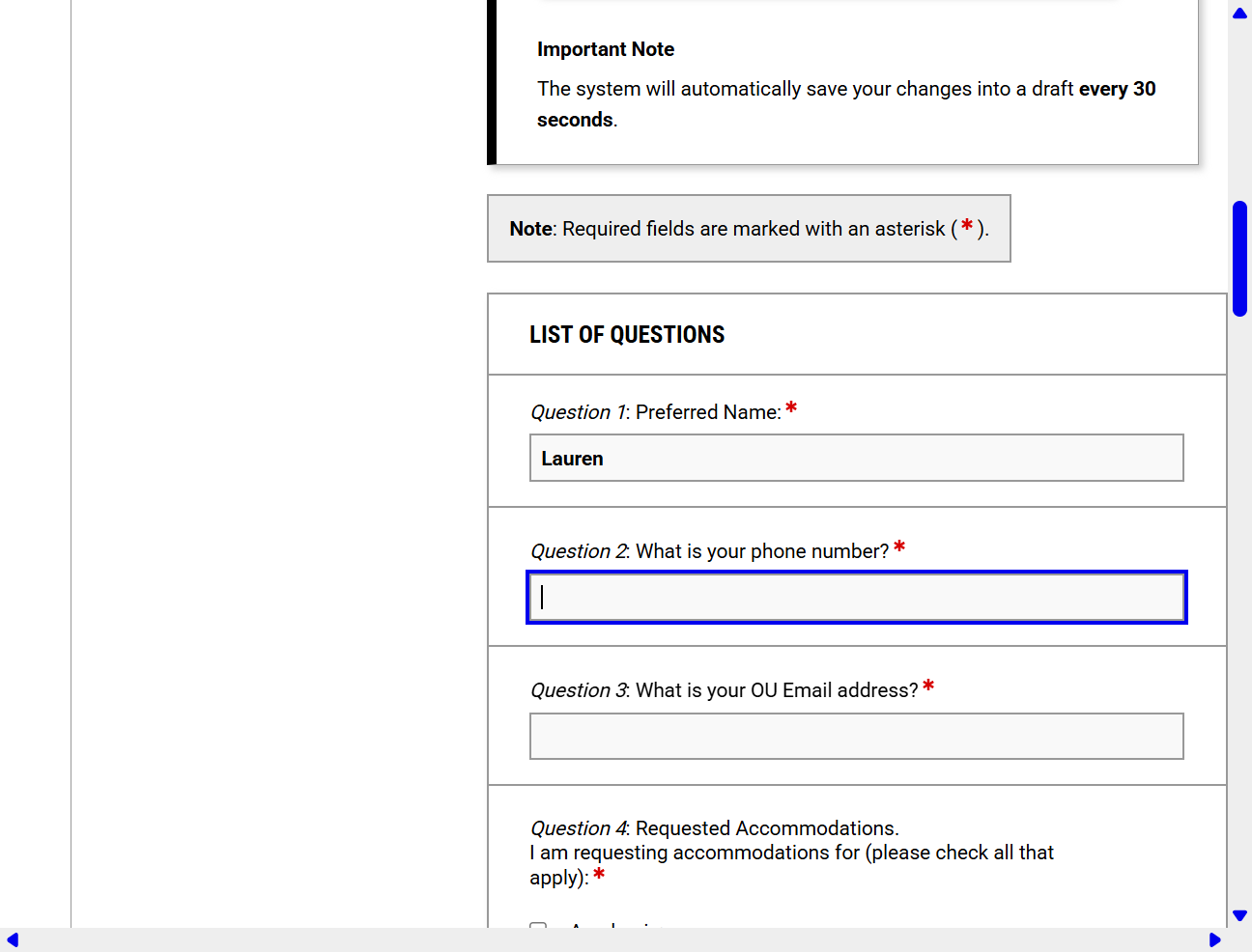 Confirm or enter your name in the questionnaire section.