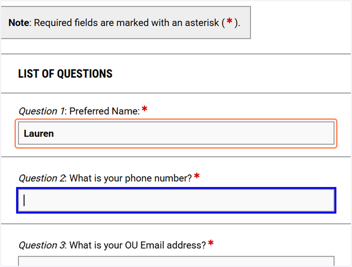 Confirm or enter your name in the questionnaire section.