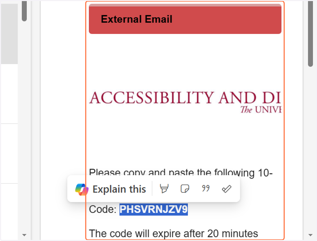 Copy the authentication code from the email message.