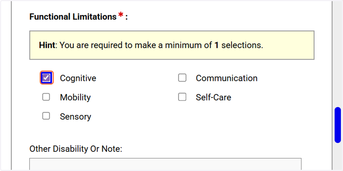 Choose any functional limitations that apply to your disability.