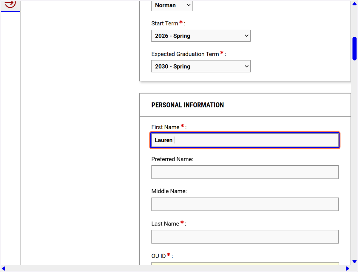 Enter your first name on the student application.