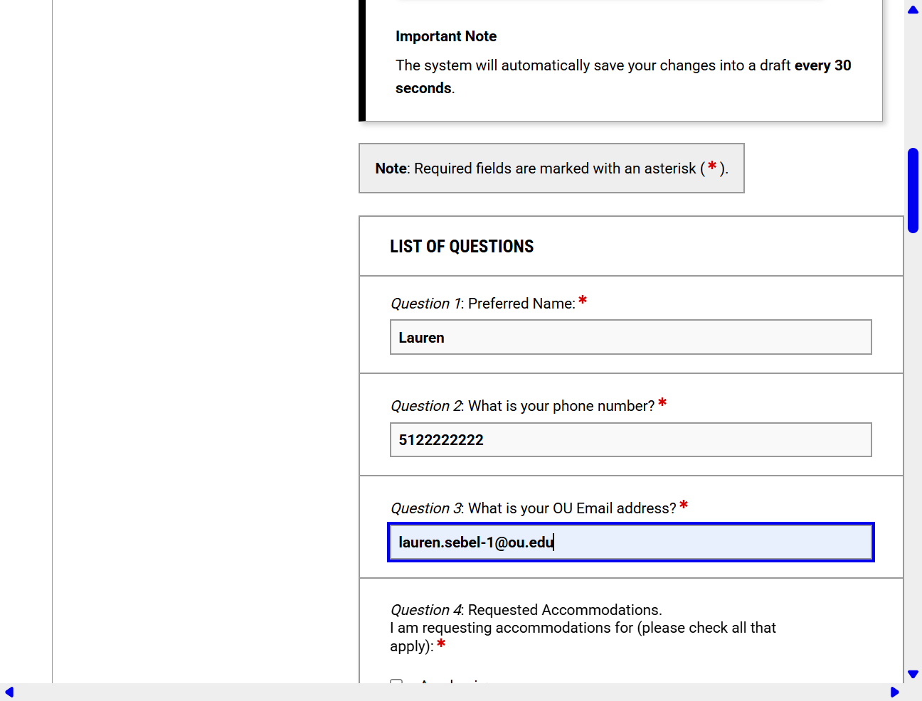 Re-enter your OU email address as requested in the questionnaire. You must use your -#@ou.edu address.