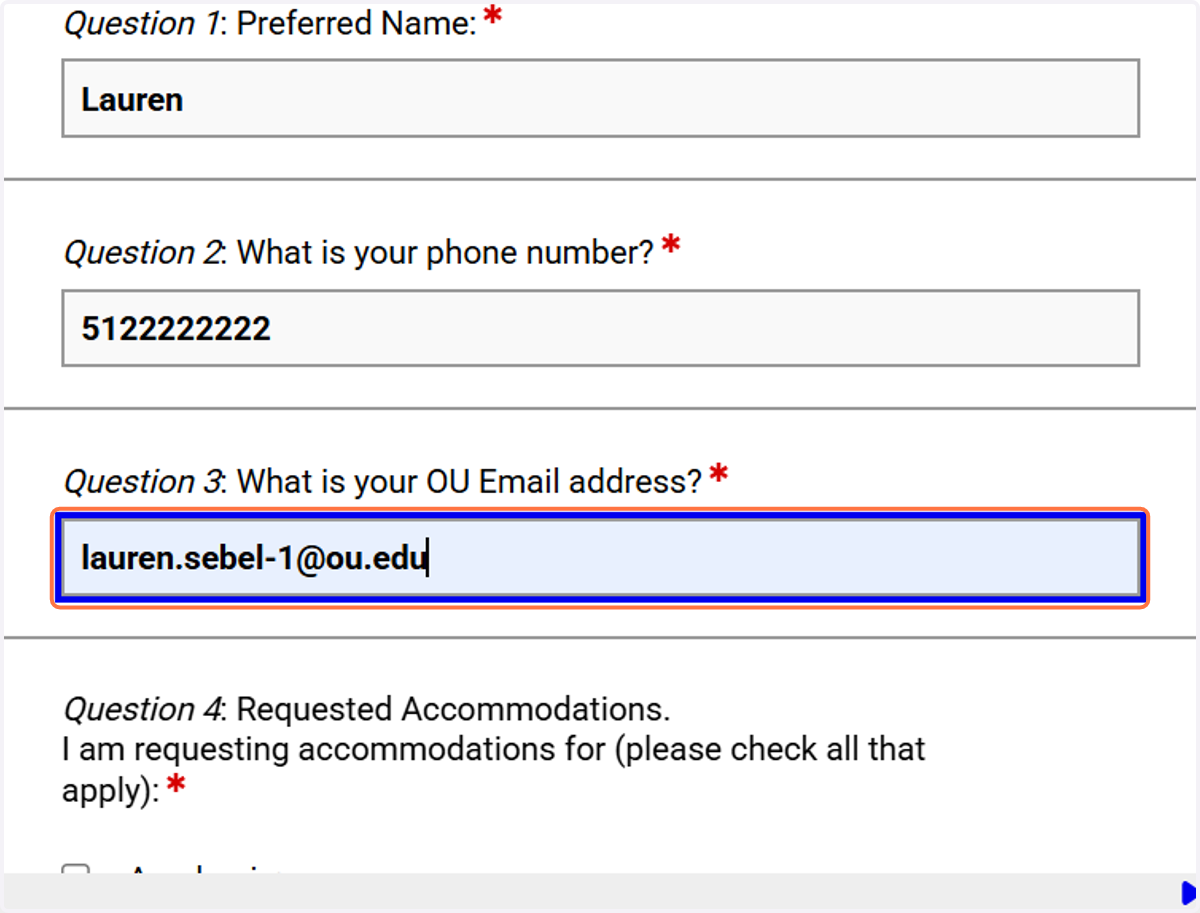 Re-enter your OU email address as requested in the questionnaire. You must use your -#@ou.edu address.