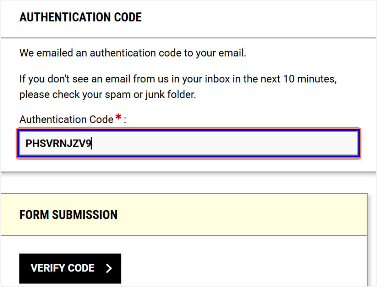Paste the confirmation code into the Authentication Code field.
