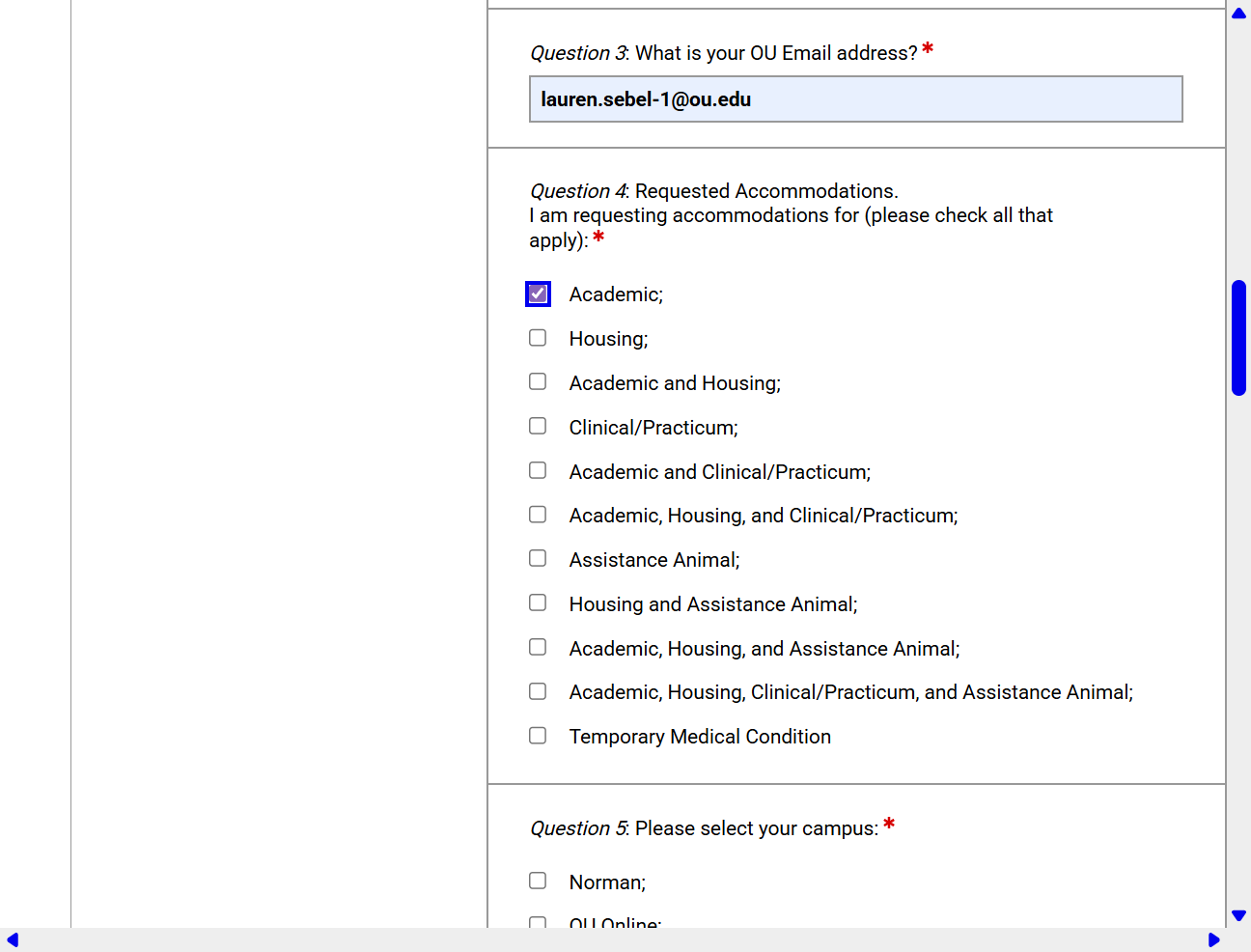Select the accommodation type you’re requesting (academic, housing, or both).