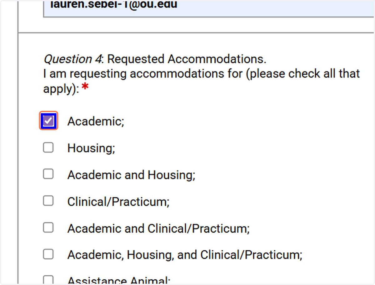Select the accommodation type you’re requesting (academic, housing, or both).