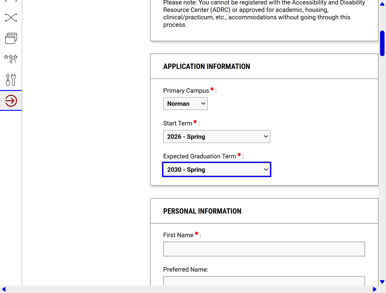 Choose your expected graduation term (example: Spring 2030).