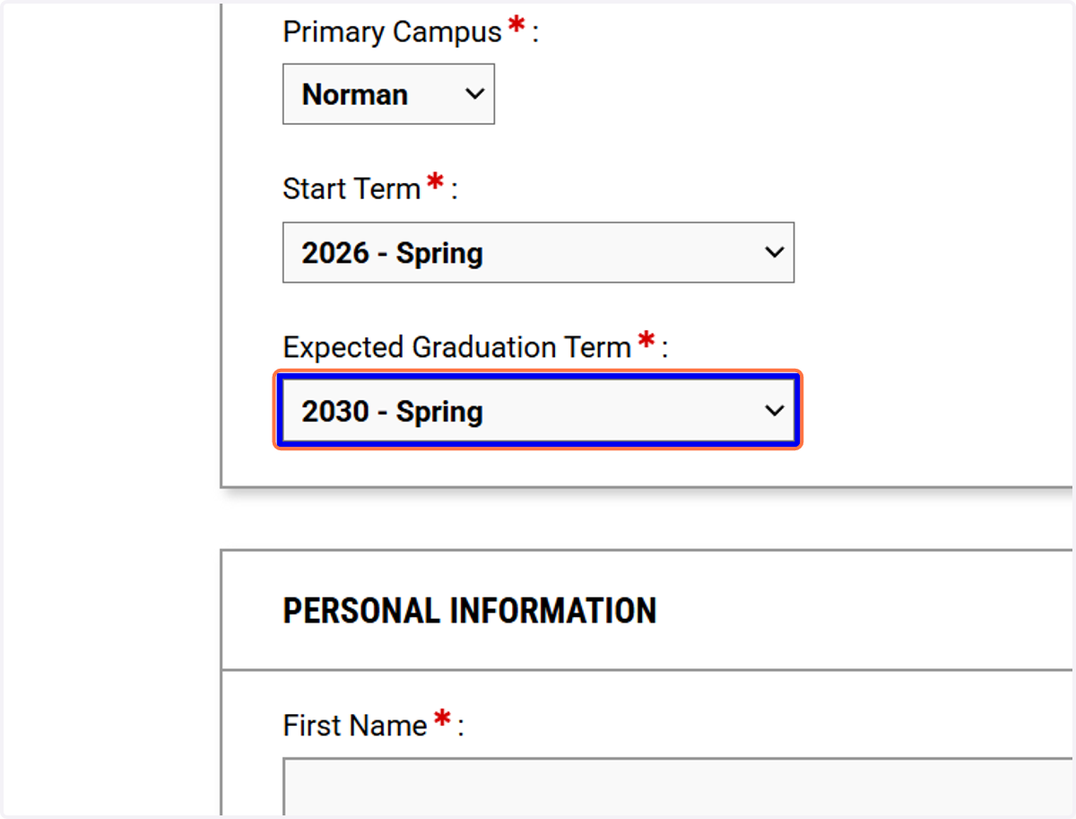 Choose your expected graduation term (example: Spring 2030).