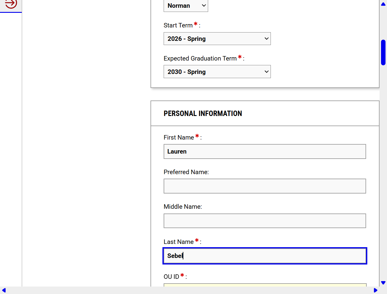 Enter your last name on the student application.