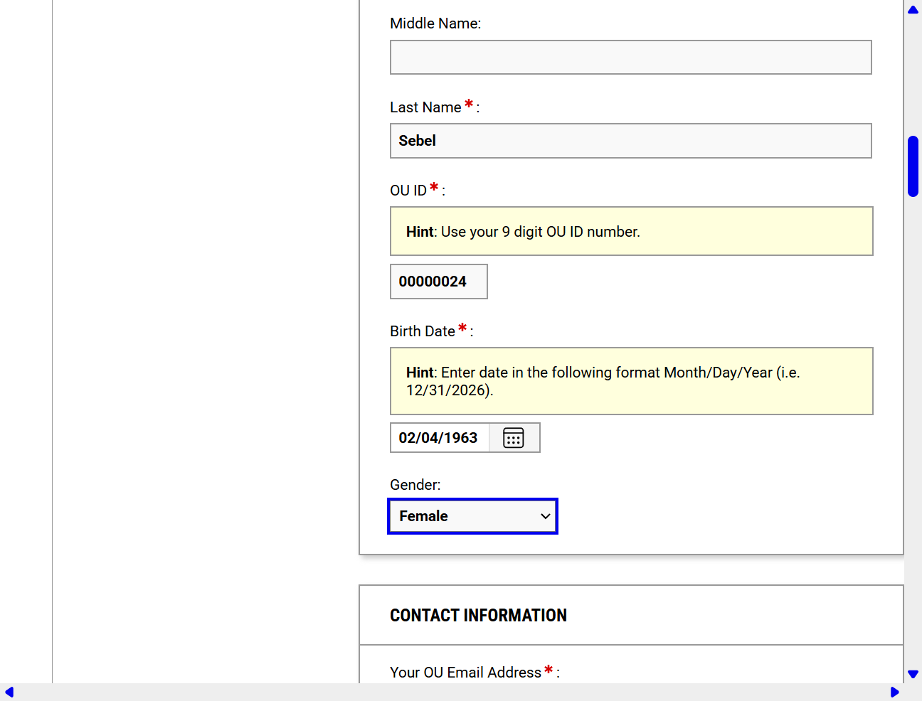 Select a gender option (optional).