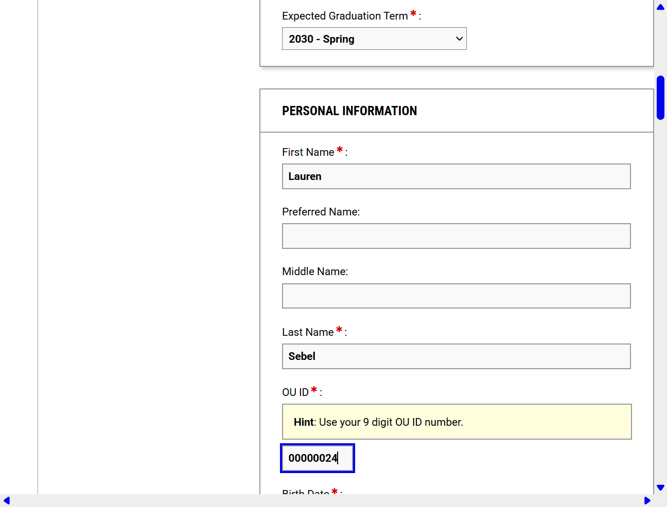 Enter your OU ID number (OUID). This is the 9 digit number.