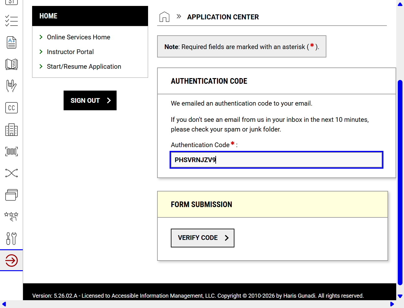Click Verify Code to sign in and continue the application.