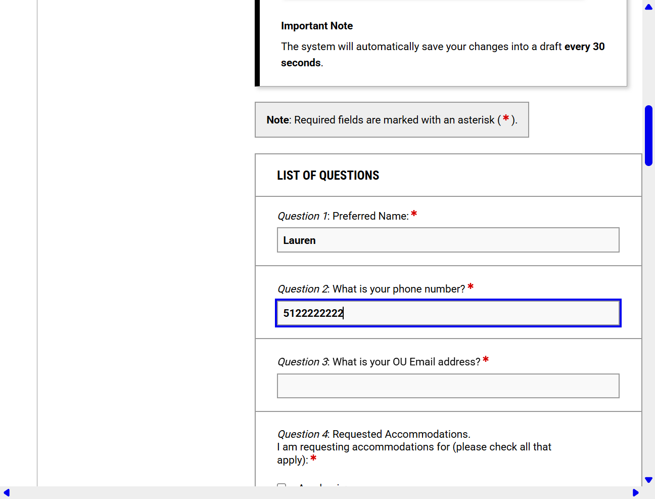 Enter your phone number in the questionnaire contact fields.