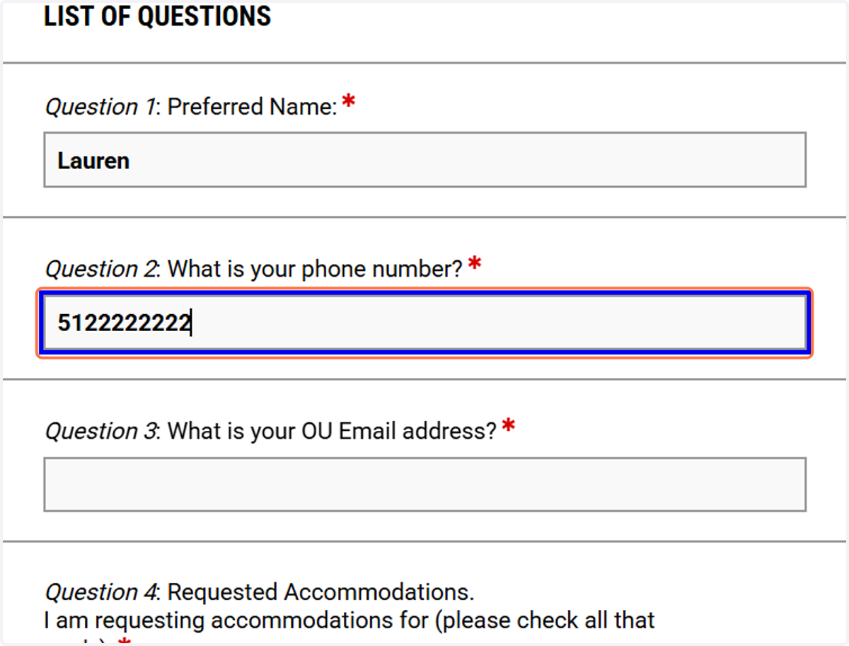 Enter your phone number in the questionnaire contact fields.