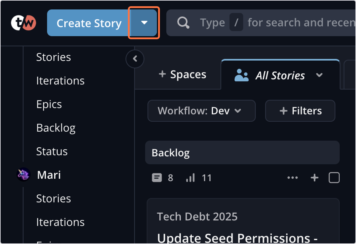 Click on Create menu arrow