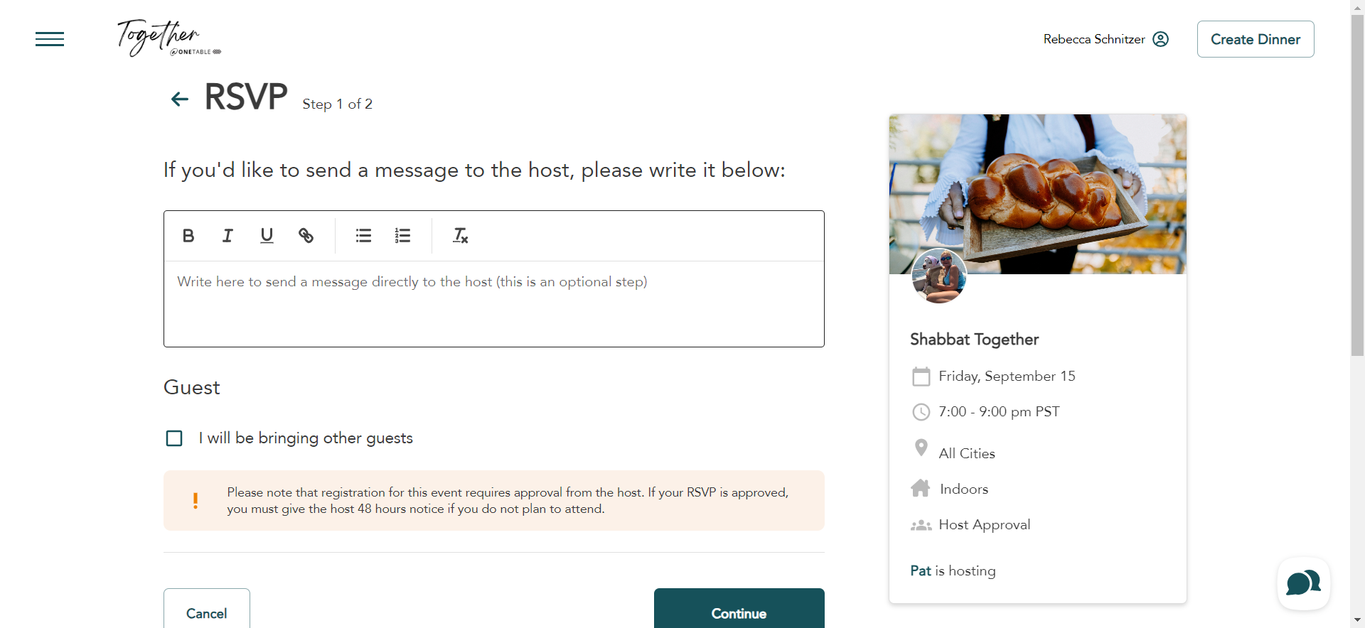 (Optional) Write a message to your host and/or indicate via check box if you will be bringing other guests.