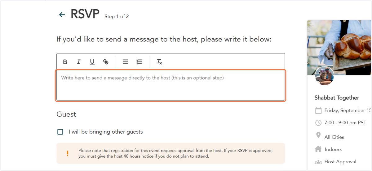 (Optional) Write a message to your host and/or indicate via check box if you will be bringing other guests.