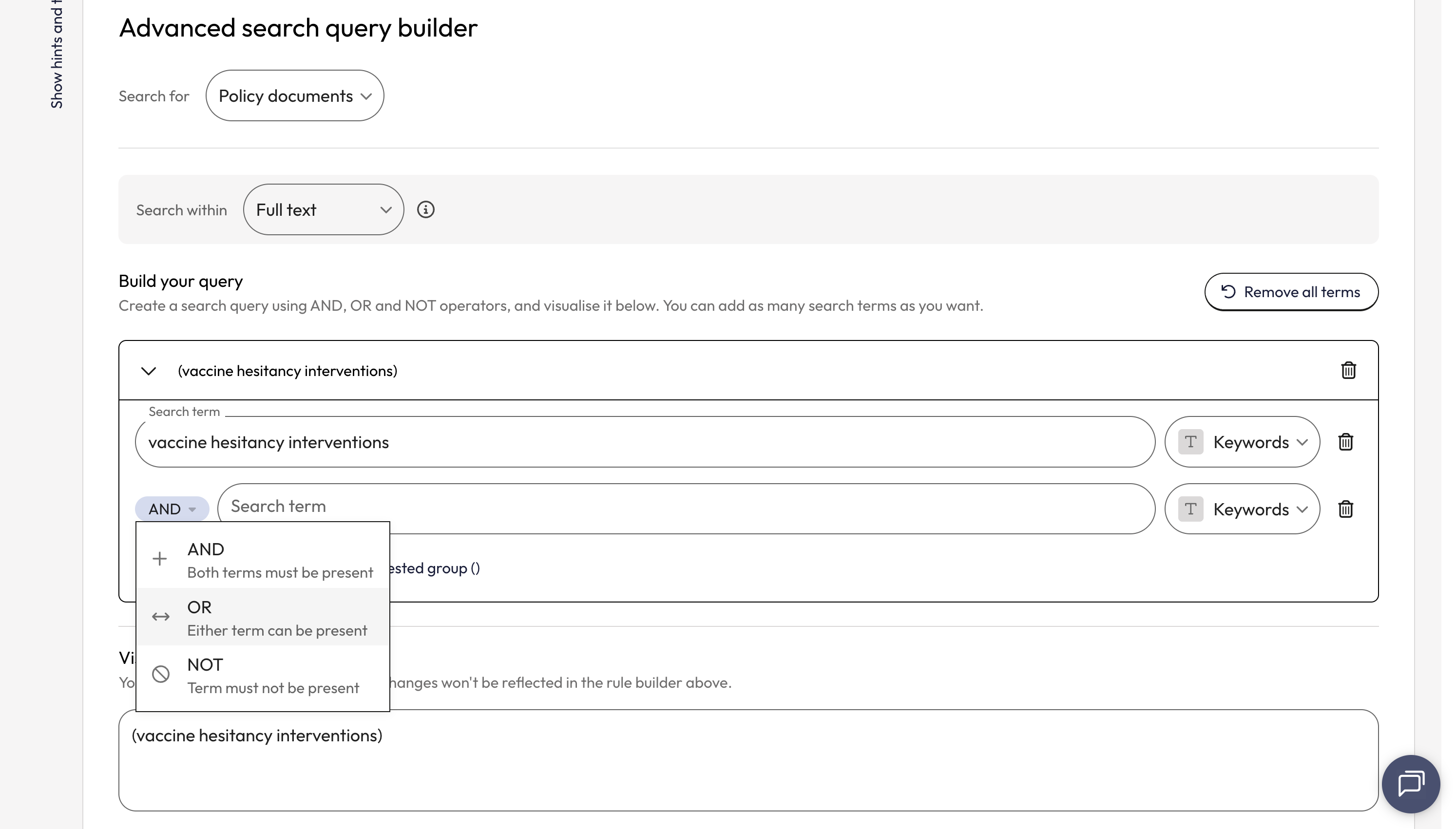 Once the new search line appears, you will also see a box that has Boolean operators which connects each search box/term. Select 'OR'