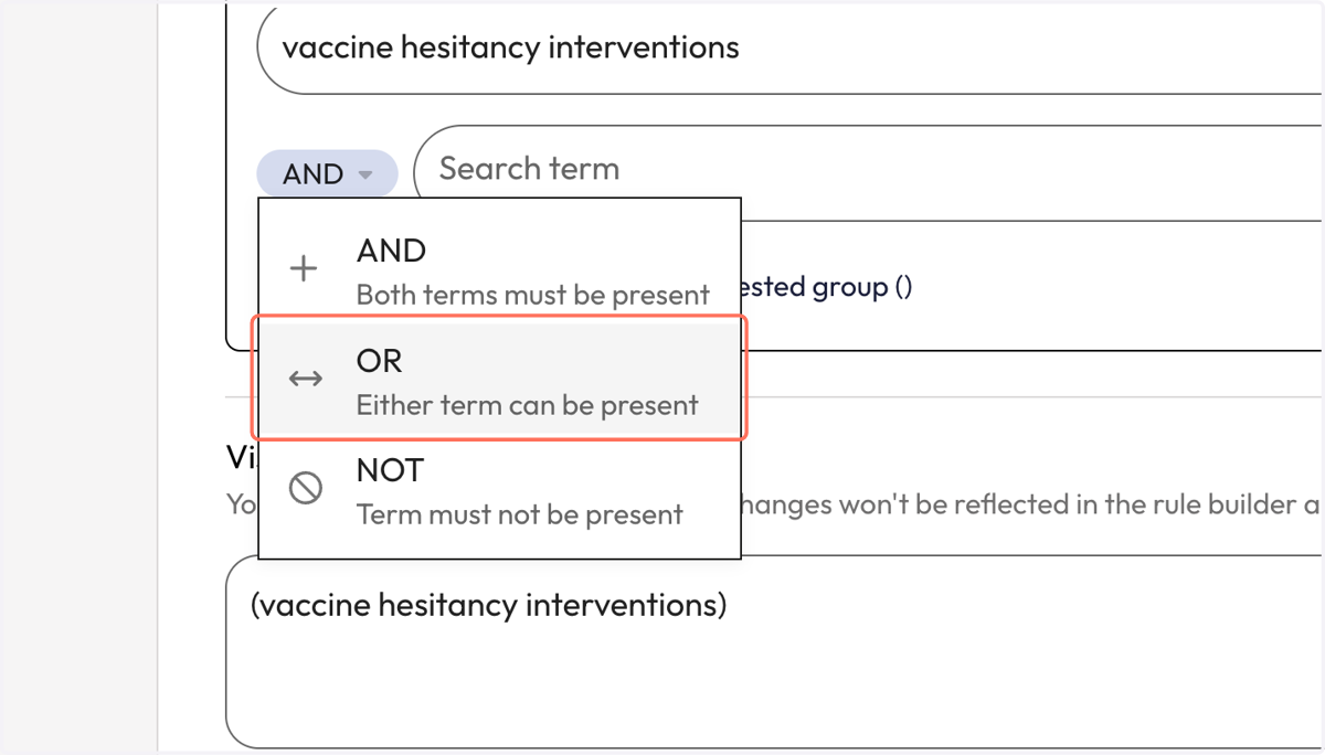 Once the new search line appears, you will also see a box that has Boolean operators which connects each search box/term. Select 'OR'